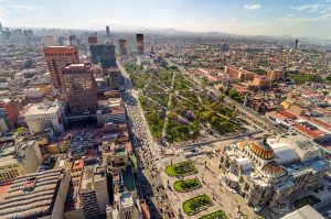 An aerial view of Mexico City and the Palace of Fine Arts